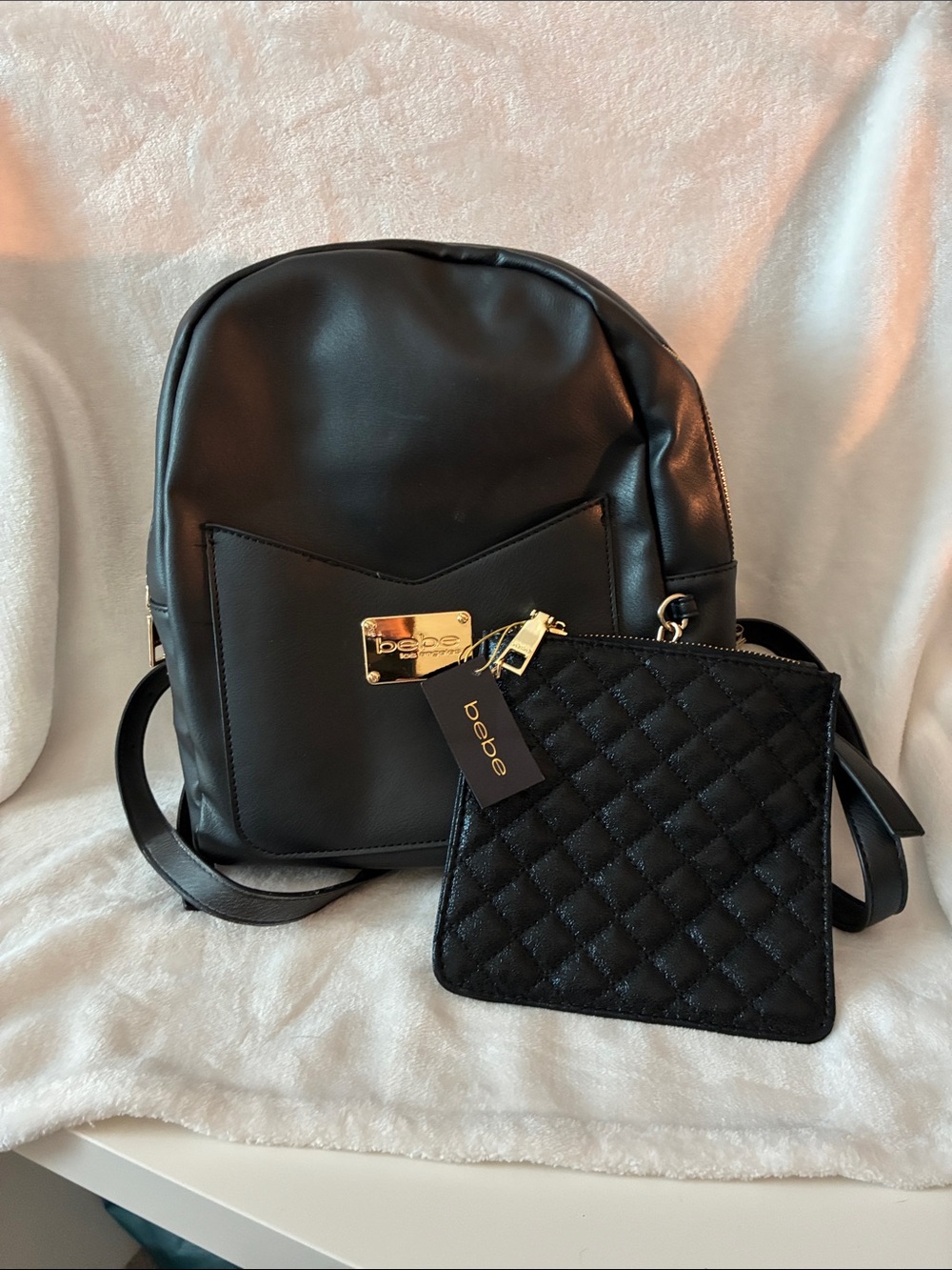 bebe Black Quilted Crossbody with Matching Black Backpack